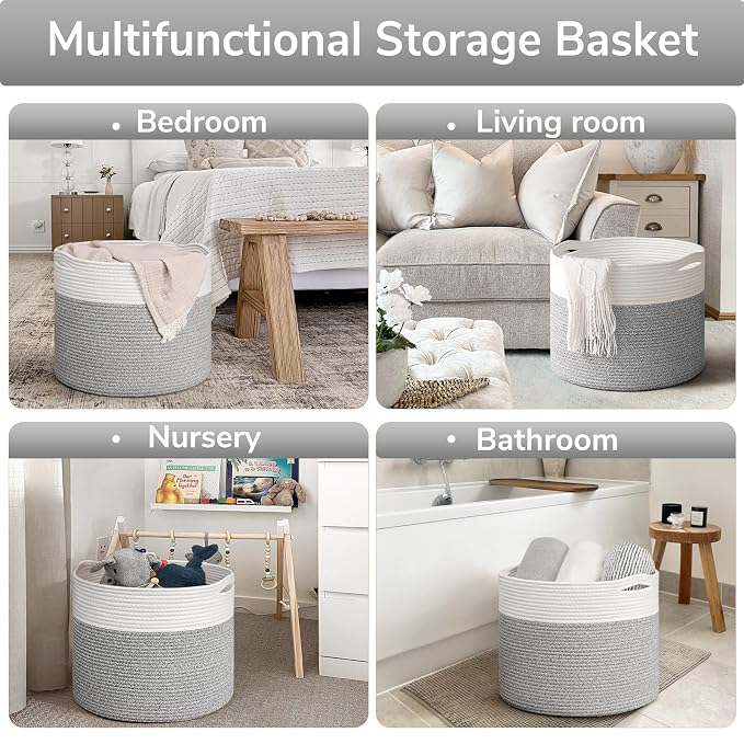 Goodpick Woven Blanket Basket Living Room, Toy Bin for Playroom, 45L | 15.8 x 15.8 x 13.8 In Toy Storage Basket for Nursery, Blanket Basket for Living room, Laundry Basket, Light & Grey