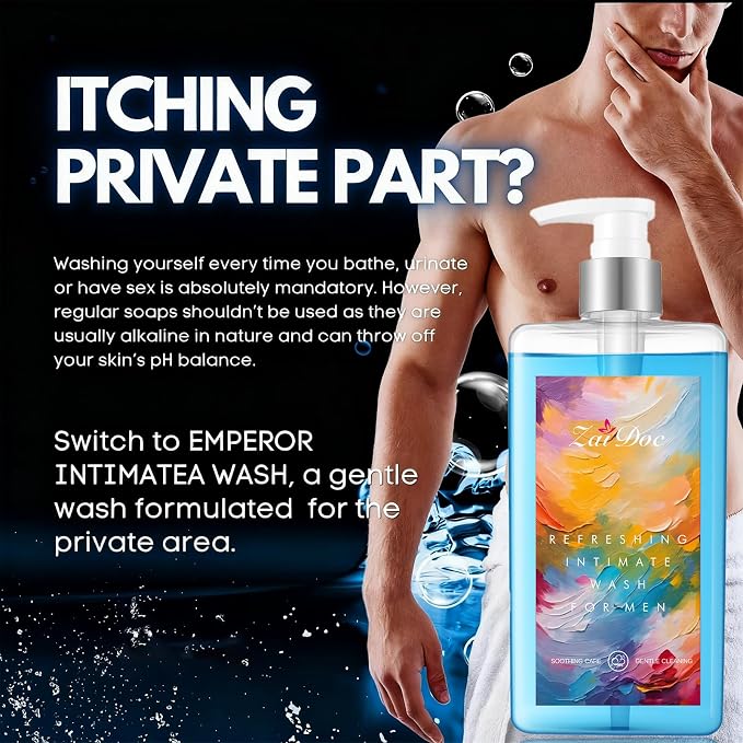 Refresh Gentle Intimate Wash for Men, Daily Cleanser with Lactic Acid & Menthol, pH Balanced for Sensitive Skin, Blue, 10.14 fl oz