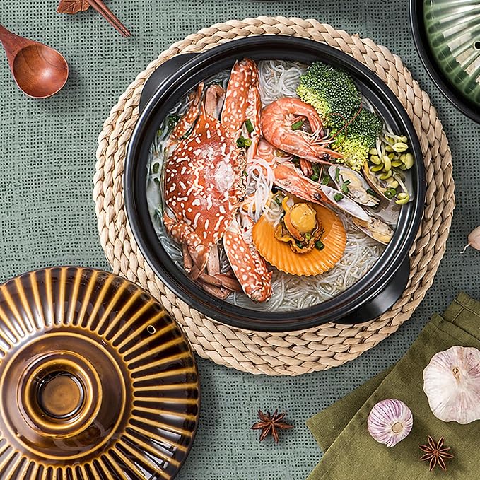 Large Korean Ceramic Bowl with Lid and Trivet, 54 oz Sizzling Hot Pot with Double Handles for Cooking and Serving Dolsot Bibimbap, Soup, Rice, Stew, Casserole, Noodle (Retro Copper)