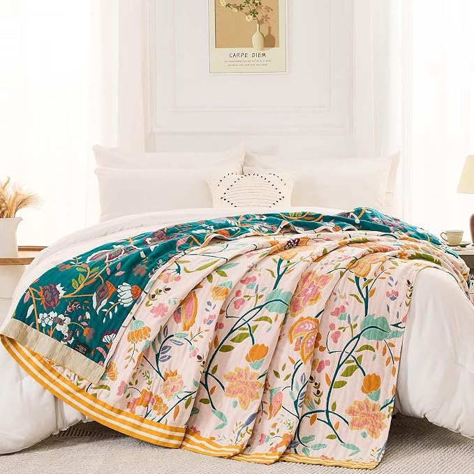 XIBLC Boho Throw Blanket for Bed, 100% Cotton Soft Rustic Quilt Fall Blanket, 50"x60" Yellow Floral Printed Farmhouse Decor Bed Blankets, All Season Rustic Reversible Bohemian Throw Quilt