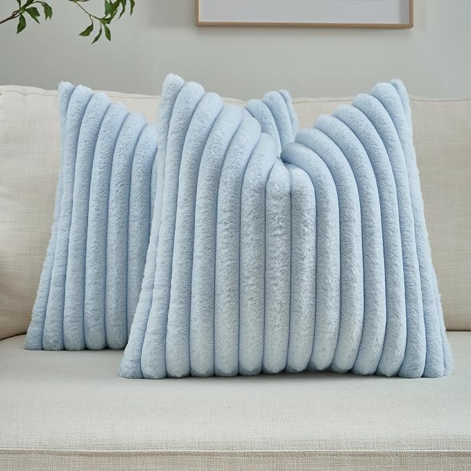 FUTEI Pack of 2 Faux Fur Throw Pillow Covers 16x16 Inch, Light Blue | Fluffy Faux Rabbit Fur Front/Premium Velvet Back,Hidden Zipper,Machine Washable,Non-Shedding,Colorfast,Insert Not Included.