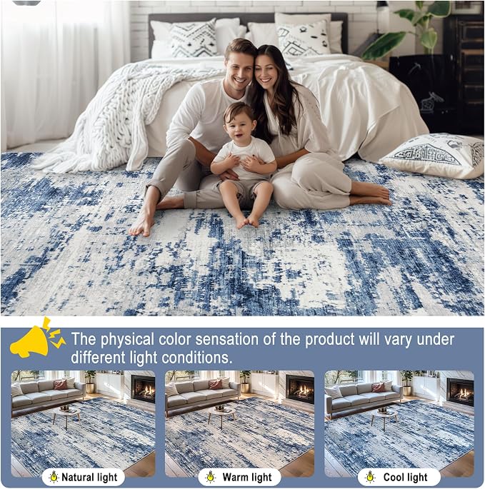 8x10 Area Rugs for Living Room - Washable Rug Modern Abstract Soft Large Neutral Non-Slip Carpet Indoor Floor Thin Carpets for Bedroom Dining Room Farmhouse Nursery Home Office Blue Gray