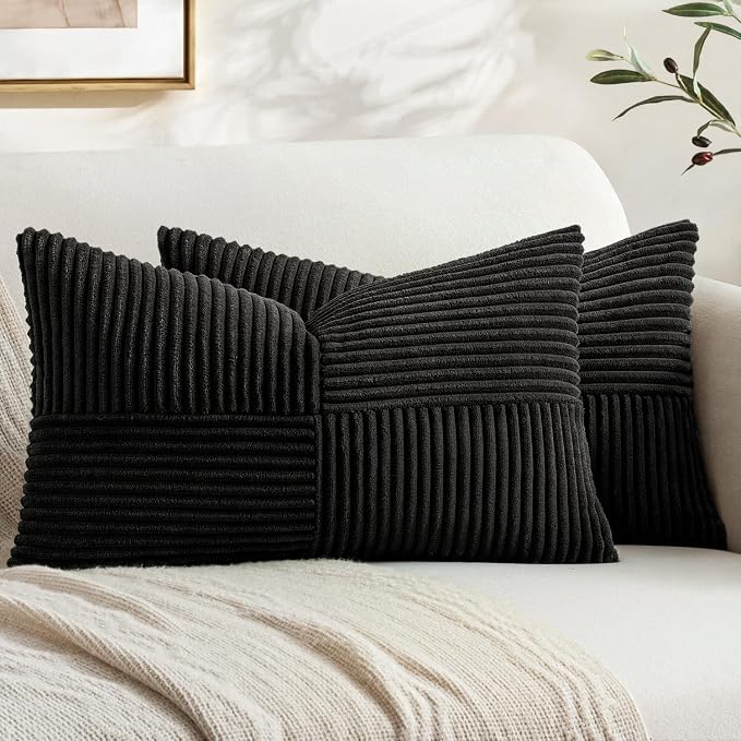 MIULEE Black Decorative Lumbar Throw Pillow Covers 12x24 Inch 2 Pack | Boho Farmhouse Pillow Covers, Soft Cross Corduroy Patchwork Textured Cushion Cases For Bed Sofa