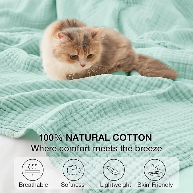 100% Cotton Muslin Blanket Queen 90" x 90", Breathable and Lightweight Cotton Throw Blankets for Bed, Soft Cooling Summer Gauze Blanket for Adults All Season, Mint
