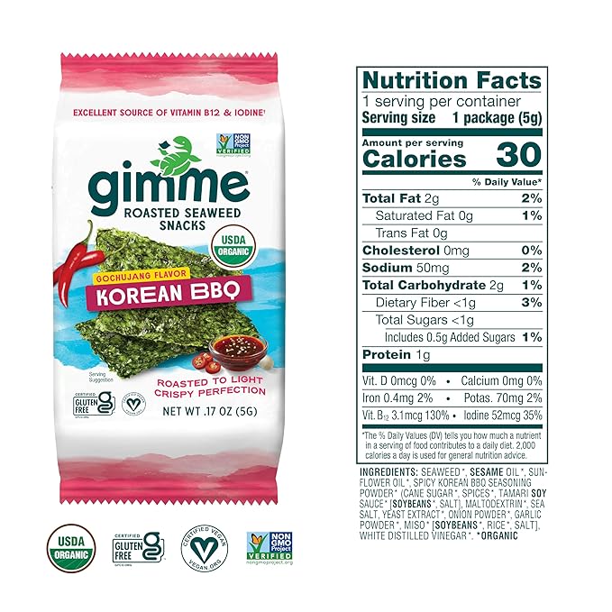 Gimme Seaweed Organic Premium Roasted Seaweed Snacks,Korean BBQ,Keto,Vegan,Gluten-Free,Great Source of Omega3s and Iodine,Healthy On-The-Go Snack for Kids and Adults,6 Count (Pack of 2)