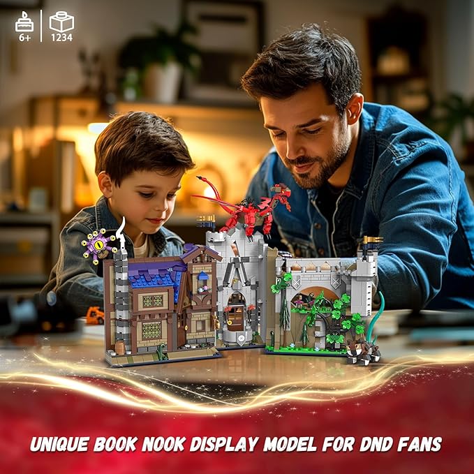 Red Dragons Medieval Castle Book Nook Building Set, Unique Bookend for Bookshelf & Home Decor, Compatible with Lego Adults, Dragon Toy Gift for Kids Boys 8-14 (1234 PCS)