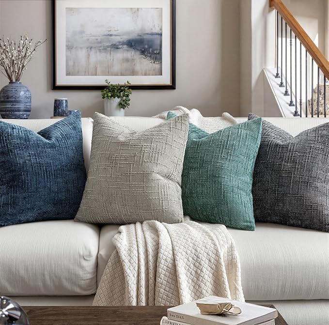MIULEE Chenille Textured Throw Pillow Covers Blue Ashes 20x20 Set of 2 | Slubby Decorative Pillows, Boho Farmhouse Coastal Decor, Modern Neutral Cushion Covers for Couch Sofa Bed Living Room