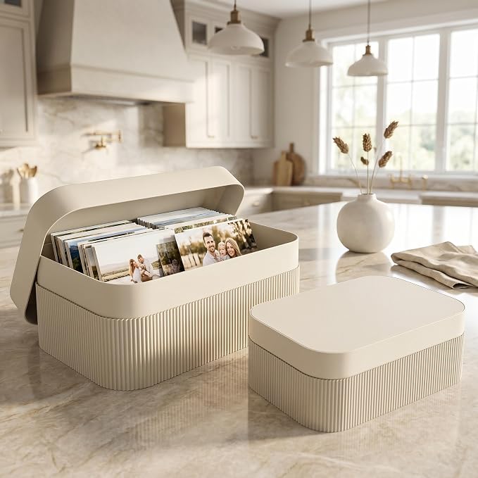 ZICOTO Decorative Storage Boxes with Lids - Set of 2 Beautiful Fluted Photo Organizer Bins for Your Home Bookshelf Decor to Safely Store Your Documents, Memory Box Items and Other Keepsakes in Style