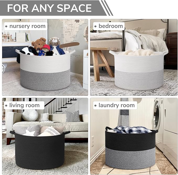 INDRESSME 115L Extra Large Woven Rope Blanket Basket Living Room Black Grey | 23.6" x 15.7" Storage baskets for toys laundry & pillows. Fits living room, bedroom or nursery décor. Soft-touch with handles