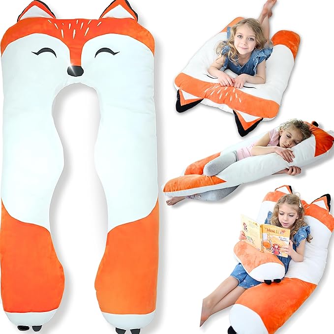 LUNAMIRA Fox Kids Body Pillow - 47" U-Shape Long Plush Soft Animal Pillow for Kids, Sleeping, Reading, ADHD & Special Needs Comfort, Anxiety, Washable Cover, Snuggle Fun Cuddle Gift for Boys & Girls