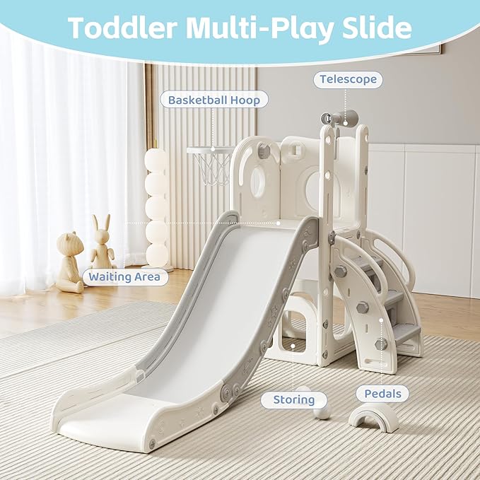 6 in 1 Toddler Slide, Indoor Outdoor Playground for Kids 1-3, Baby Slide with Basketball Hoop, Storage, Climber and Telescope,Gray White