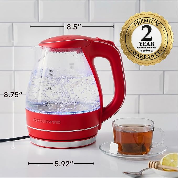 OVENTE Electric Kettle, 1.5L Borosilicate Glass Countertop Water Heater and Boiler for Coffee or Tea, BPA-Free, Auto Shut-Off, Boil-Dry Protection, Removable and Washable Spout Filter, Red KG83R