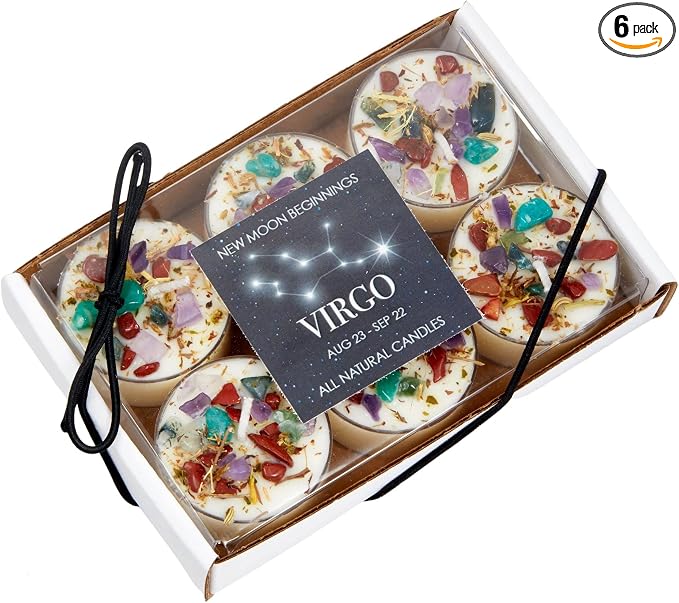 Virgo Zodiac Candle (Aug. 23 - Sep. 22) - Soy Candle - All Natural Aromatherapy Candle - Virgo Horoscope Candle - Crystal Candles - Set of 6 Tealights