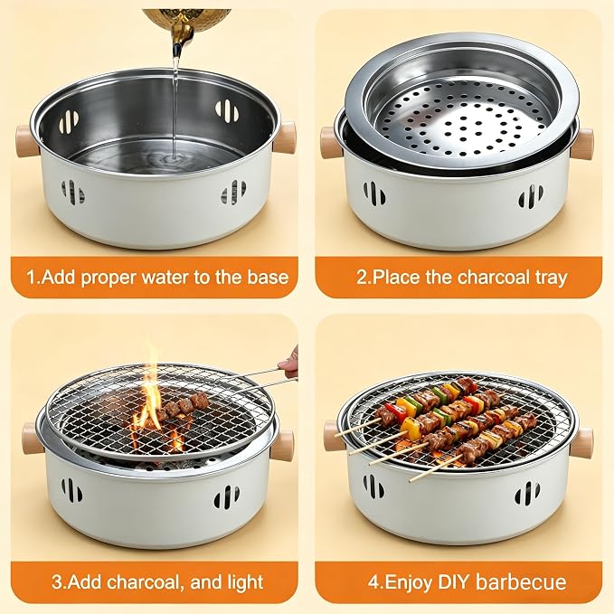 Portable BBQ Charcoal Grill, Mini Tabletop Charcoal Grill Outdoor Multifunctional Round Korean Barbecue Grill for Camping Picnic Beach Party Cooking (Beige)