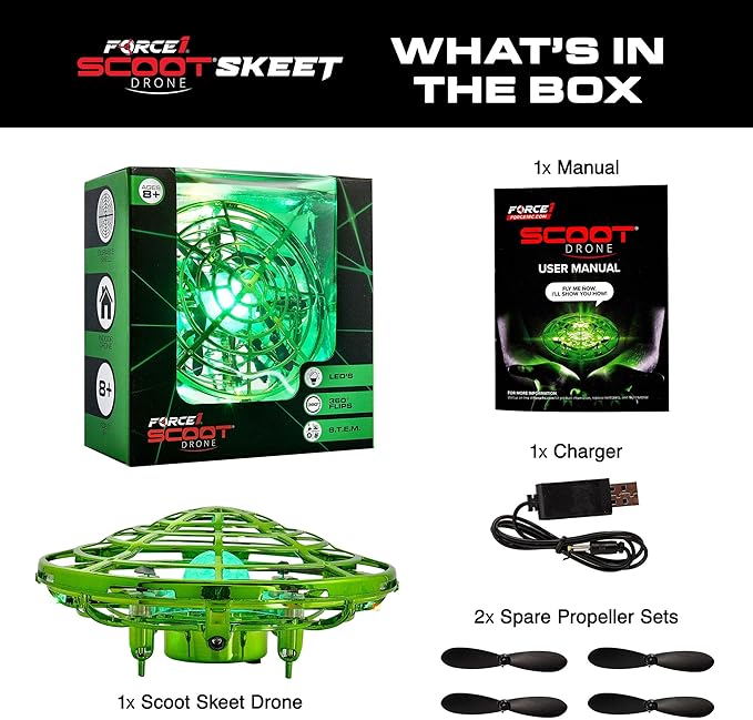 Force1 Scoot Skeet Mini Drone Electronic Shooting Game for Kids (Drone Only) - Hand Drones for Kids Compatible with Scoot Skeet LED Blaster, Electronic Target Game Indoor Flying Ball Toy (Green)