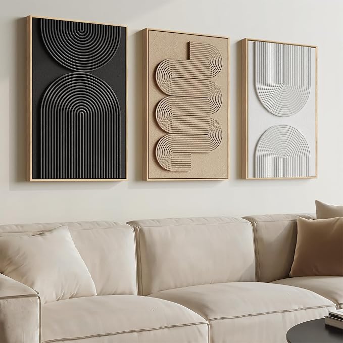 3D Textured Framed Neutral Abstract Geometric Wall Art Set of 3, 16 x 24 In | Solid wood frame, sculptural linework, black, beige and white palette, modern minimalist boho decor for living room bedroom