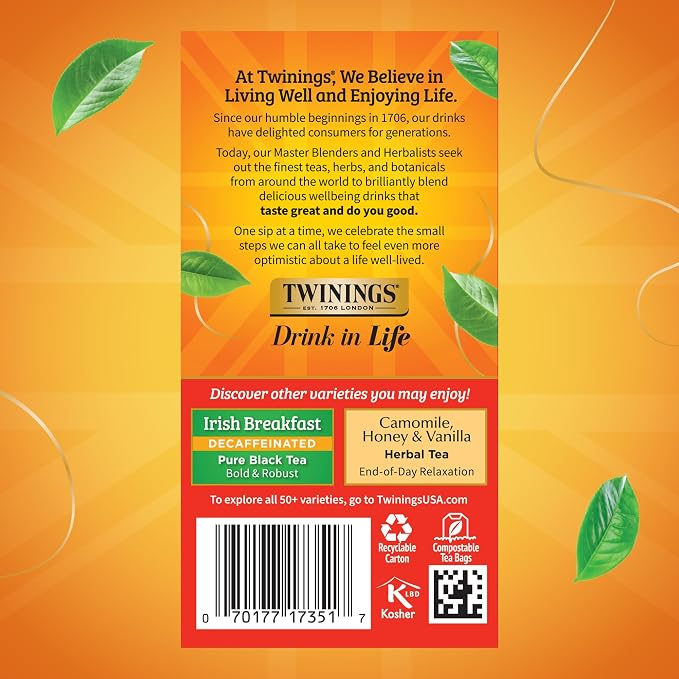 Twinings Decaffeinated English Breakfast Individually Wrapped Bags, 20 Count (Pack of 1), Flavourful & Robust, Enjoy Hot or Iced, 20 Teabags