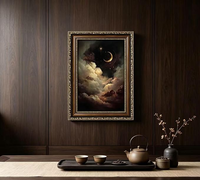 Vintage Gold Framed Crescent Moon Cloud Wall Art, Dark Academia Celestial Starry Sky Oil Painting Print, Antique Ornate Mystical Night Sky Wall Decor, Gothic Cottagecore Home Decor, 9x11in