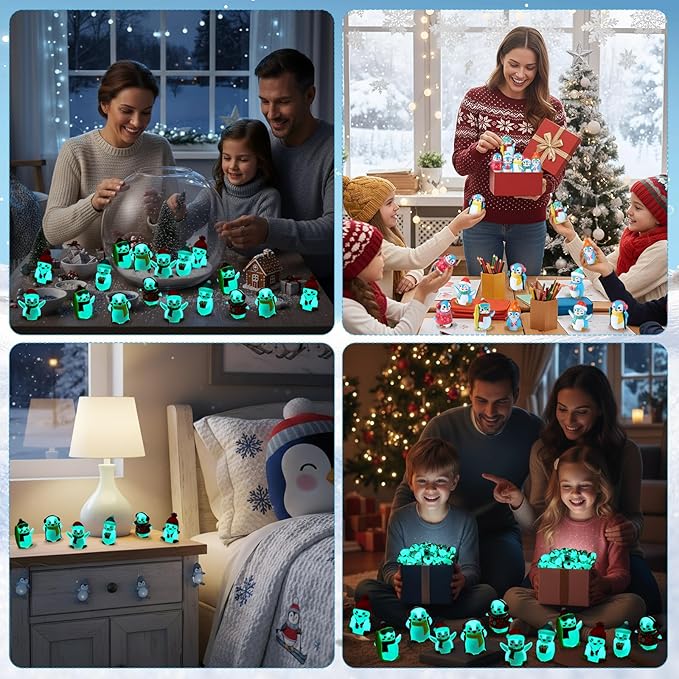 Realspring 36 Pcs Rubber Penguin Valentines for Class Bulk Glow in The Dark Winter Penguin Bath Toy Floating Rubber Animals Cute Cake Topper Gifts for Kids Classroom, Home Car Dashboard Decor (Blue)