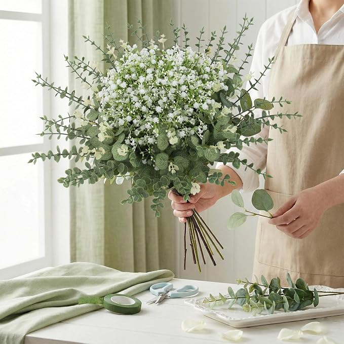 lovemoon 100 Pcs Mixed Greenery Artificial Eucalyptus Stems, Baby Breath Artificial Flowers Bulk and Eucalyptus Leaves for Wedding Bouquets Home Office Floral Decor (100, Green and White)
