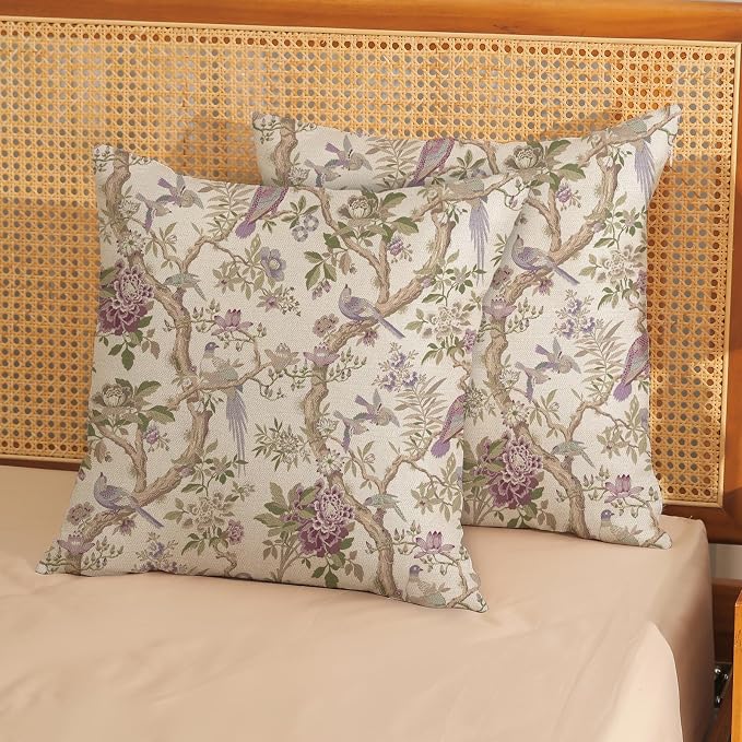 Chinoiserie Pillow Covers 22x22 Set of 2 Purple Green Floral Bird Throw Pillows Vintage Flowers Bird Decorative Pillow Cases Outdoor Chinoiserie Decor Farmhouse Cushion Case for Couch Sofa
