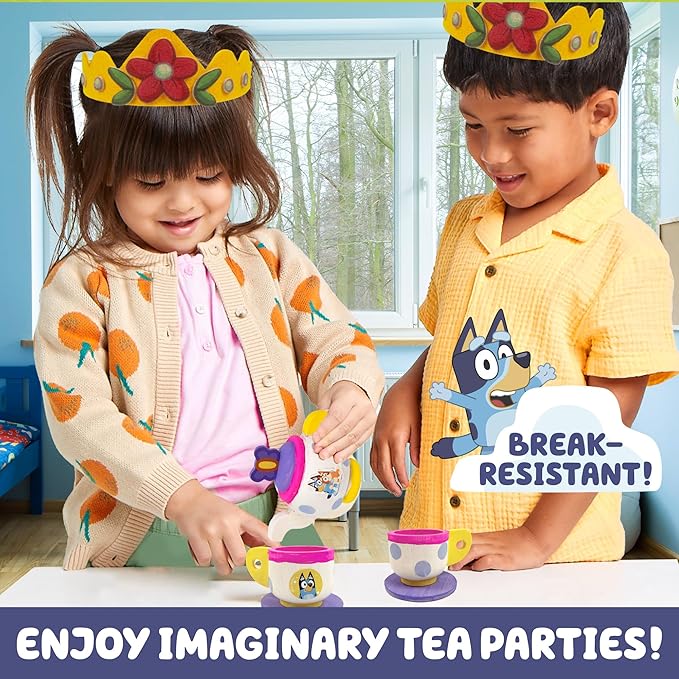 Bluey Paint & Play Tea Party, 6-Piece Wooden Tea Set, Customize with Paint & Stickers, 2 Wearable Crowns, Fun Toys for Kids, Cute Birthday Party Decorations, Pretend Play Tea Party, Toys