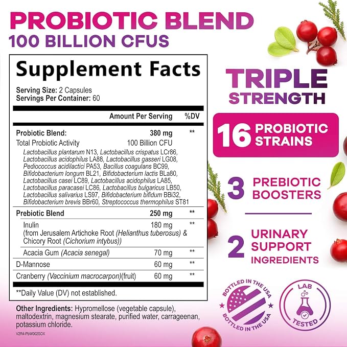 Probiotics for Women 100 Billion CFU Per Serving - 16 Unique Strains, Prebiotics Cranberry & Lactobacillus, PH Balance, Digestive & Gut Health, Vaginal & Immune Support Women's Probiotic, 120 Capsules