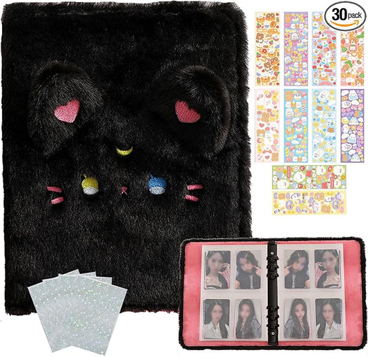 Kpop Photocard Binder with 6 Stickers Sheet & 50 Shinning Protective Sleeves Kpop Photocard Holder Book with Kpop Photocard, A5 Binder Photocard Album 30 Inner Pages with 240 Pockets (Blackplush)