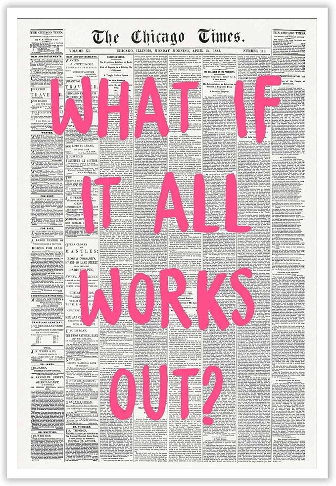 Drimiler What If It All Works Out Poster Retro Newspaper Pink Font Canvas Wall Art Positive Affirming Quote Minimalist Prints Painting For Home Bedroom Dorm Wall Decor 8x12in Unframed