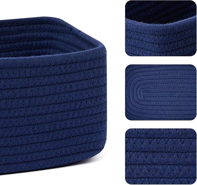 MiniArk Small Storage Baskets for Organizing | Closet Organizer Bins | Shelf Toy Basket | Woven Rope Baskets | Cube Decorative Box | Shallow Basket | 11.5x7.5x4.7” | 3 Packs Navy Blue