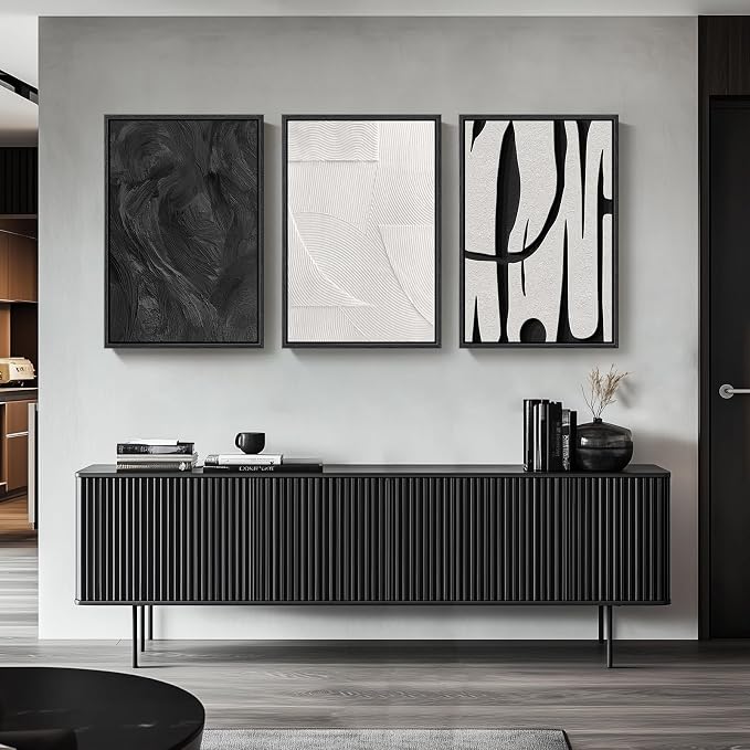 Large Framed Black and White Abstract Wall Art for Living Room, 3 Piece | Modern Canvas Prints, Black White Artwork for Walls, Minimalist Pictures, Bedroom Office Paintings Wall Decor Total 30x60 In
