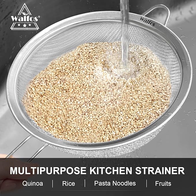 Walfos 7.8 Inch Fine Mesh Strainer, Premium Stainless Steel Colanders and Sifters, with Reinforced Frame and Sturdy Handle, Perfect for Sift, Strain, Drain and Rinse Vegetables, Pastas and Tea