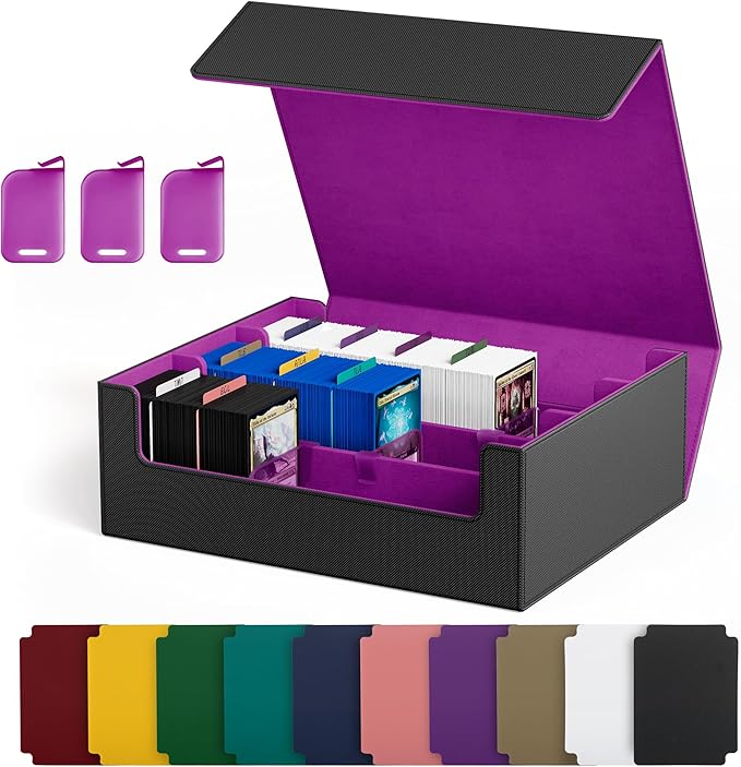 UAONO Trading Card Storage Box, Holds 1800 Sleeved Cards with 10 Dividers & 3 Stoppers, Magnetic Closure PU Leather Card Case for MTG, PTCG, YGO, Sports Cards (Black&Purple)
