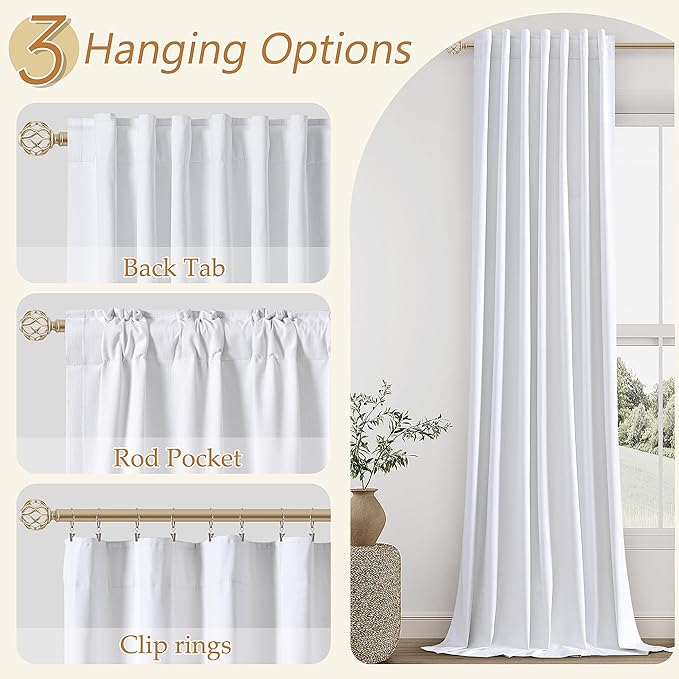 Guken White 100% Blackout Curtains 45 Inch Length 2 Panels Set for Living Room Bedroom Back Tab Thermal Insulated Black Out Linen Drapes Room Darkening Window Curtains