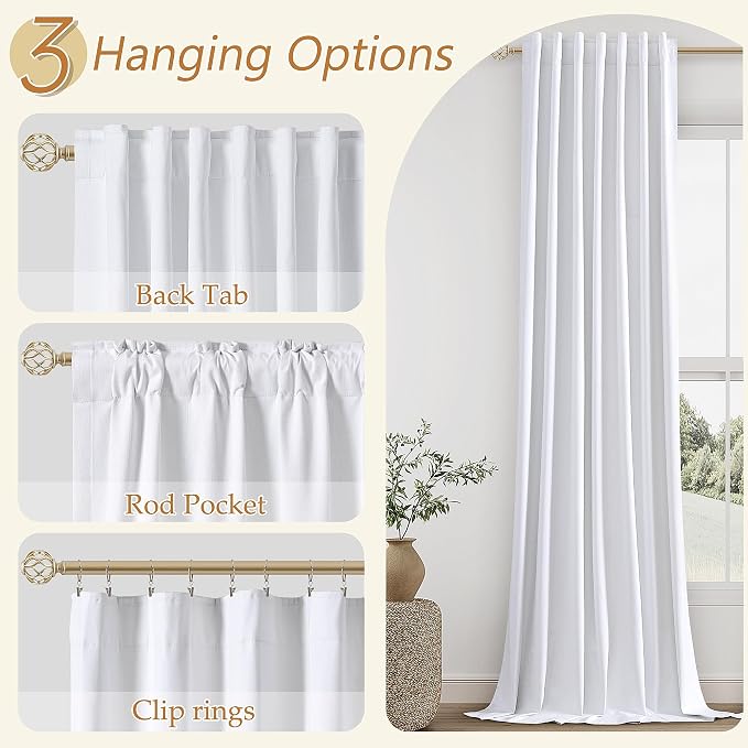 Guken White 100% Blackout Linen Curtains 52 Inch Wide by 134 Inch for Living Room Bedroom Back Tab/Rod Pocket Thermal Insulated Black Out Linen 2 Drapes Room Darkening Window Curtains,52x134
