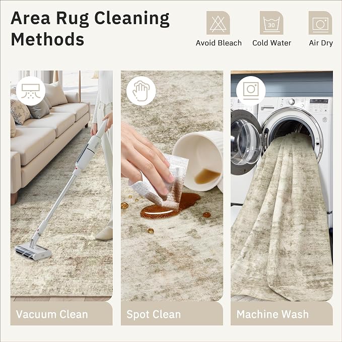 Soalmost Round Rugs 8ft Living Room Circle Area Rug 8x8 Beige/Gray Vintage | Washable Non Slip Abstract Carpet for Apartment, Dining Bedroom, Soft Low Pile Stain Resistant Foldable Floor Mat Entryway
