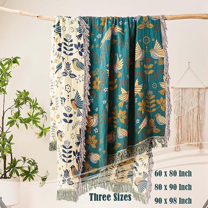 XIBLC Boho Throw Blanket, 100% Cotton Ultra Soft Luxury Throw Rustic Quilt, 50"x60" Floral Printed Farmhouse Decor Bed Summer Blankets, All Season Reversible Bohemian Throw for Bed