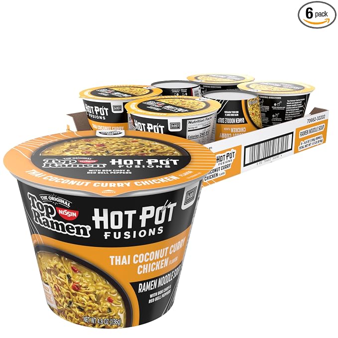 Top Ramen Hot Pot Fusions Thai Coconut Curry Chicken, 4.8 Ounce (Pack of 6) | Quick, convenient meal ready in minutes with just hot water.