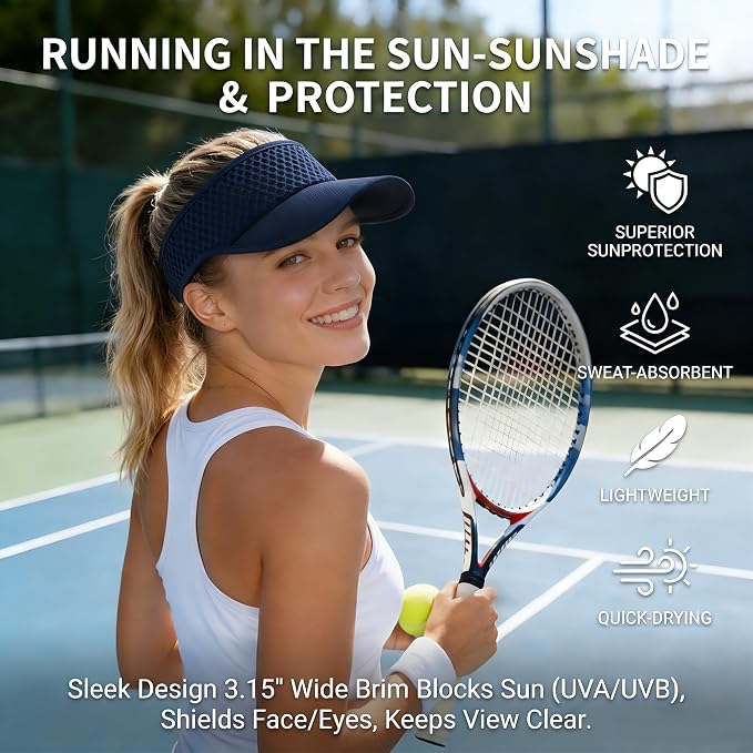 AUSFLUG Sun Visor Hat Men Women - Moisture Wicking Lightweight Sports Cap | Quick dry breathable mesh, adjustable ponytail strap, sun blocking for golf, tennis, pickleball, running, beach, hiking