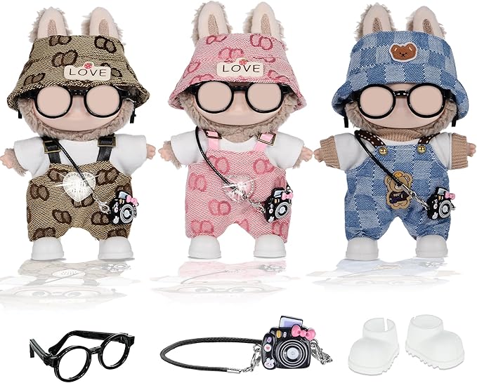 iBayda Total 3 Sets Doll Clothes Accessories for 17cm Dolls Include: 3 Hats, 3 Tops, 3 Rompers, 1 Bag, 1 Glasses and 1 Shoes- Soft & Stylish Costume Accessories (Doll Not Icluded)