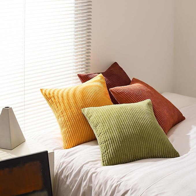 Topfinel Fall Burnt Orange Decorative Throw Pillows Covers 24x24 Inch Set of 4,Yellow Green Gradient Series Corduroy Striped Square Pillow Case,Western Modern Cushion Cover for Couch Sofa Bedroom
