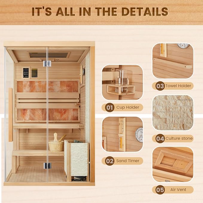 Traditional Steam Sauna,2-4 Person Luxurious Indoor Sauna with 2300W Stove Heater,Wood Sauna Room with 2 Himalayan Salt Bricks,7-Color Dynamic Abysm Sky Lights,220V,Bluetooth Speaker