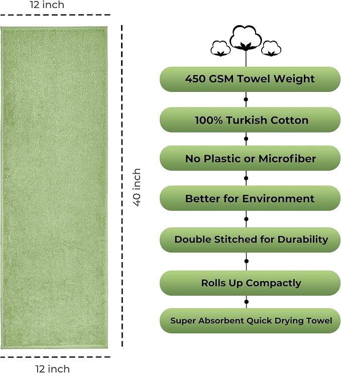 NUKURA 12” x 40” Gym Sweat Towel, 450 GSM, 100% Cotton, High Absorbency, Extra Soft & Quick Dry Workout, Yoga, Fitness, Pickleball, Running Neck Towel – Sage Green