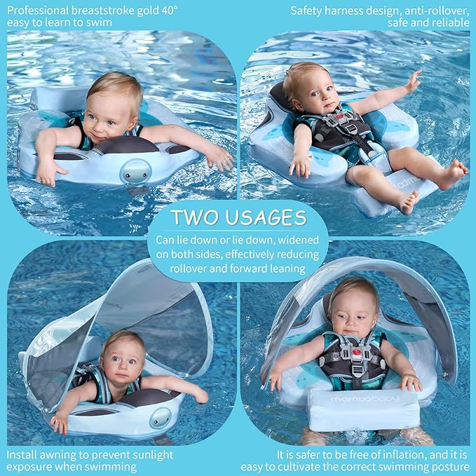 Baby Floats for Pool with Canopy Removable Sun Protection Canopy Mambobaby Float Non Inflatable Upgrade Add Tail Avoid Flip Waterproof Skin-Friendly Infant Swim Float 3-24 Months