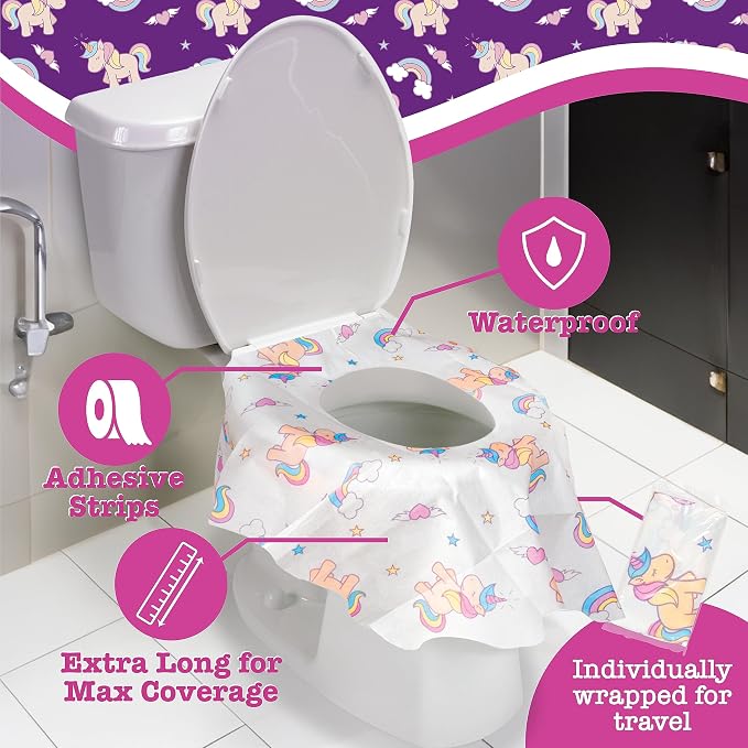 Potty Shields Toilet Seat Covers Disposable (40 pk, Unicorns) - XL Waterproof Toilet Cover for Toddlers, Kids & Adults - Portable & Individually Wrapped for Travel, Potty Training, Public Restrooms