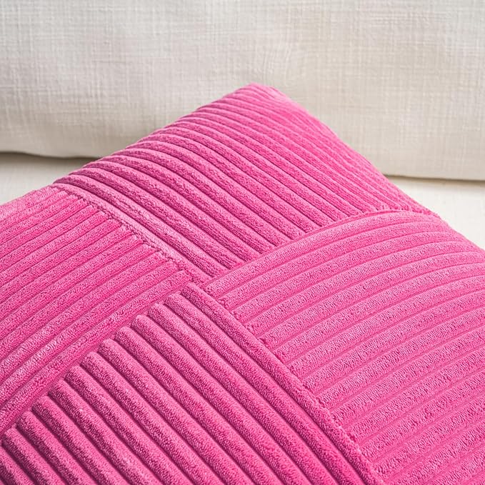 Fancy Homi 2 Packs Hot Pink Big Decorative Throw Pillow Covers 24x24 Inch for Living Room Couch Bed, Rustic Farmhouse Boho Home Decor, Soft Corss Corduroy Patchwork Accent Square Cushion Case 60x60 cm