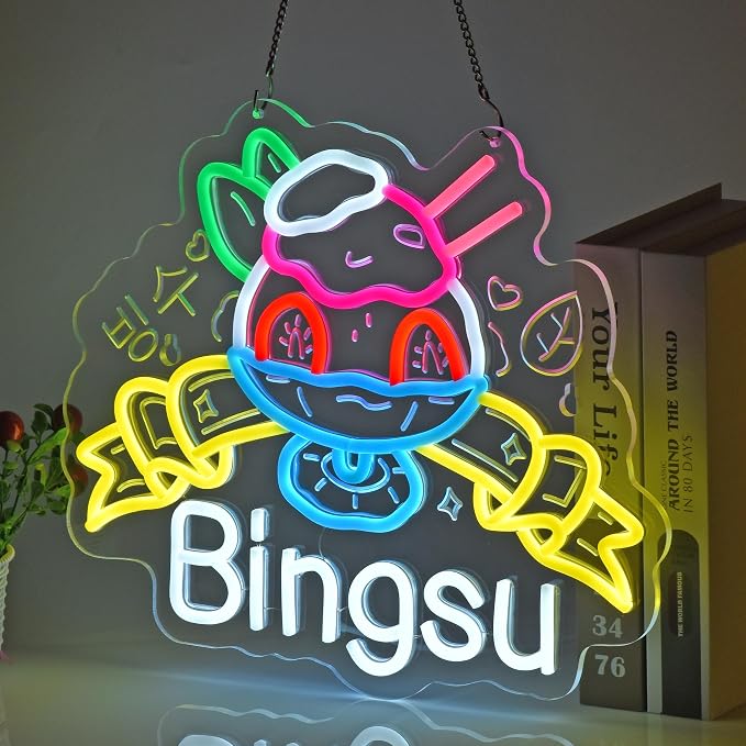 Bingsu Neon Sign,Korean Shaved Ice LED Light Sign Wall Decor | Neon Lights Hanging Wall Art Decoration for Korean Restaurant Ice Cream Cafe Party Home Decor, USB Powered,Dimmable,15×12.2In