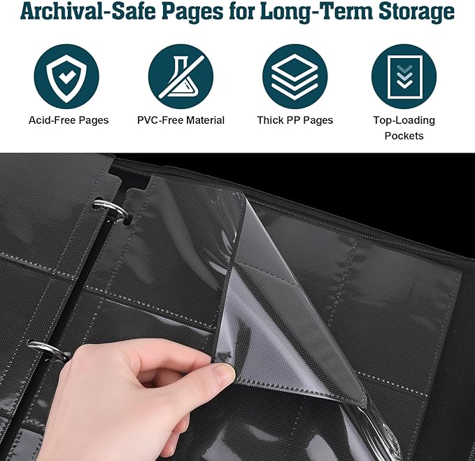Trading Card Binder 9 Pocket, 900-Pocket Zippered 3-Ring Card Binder with 50 Double-Sided Pages, Fits 2.5" x 3.5" Cards, Acid-Free PVC-Free, Water-Resistant PU Cover, Wrist Strap, Fox Design