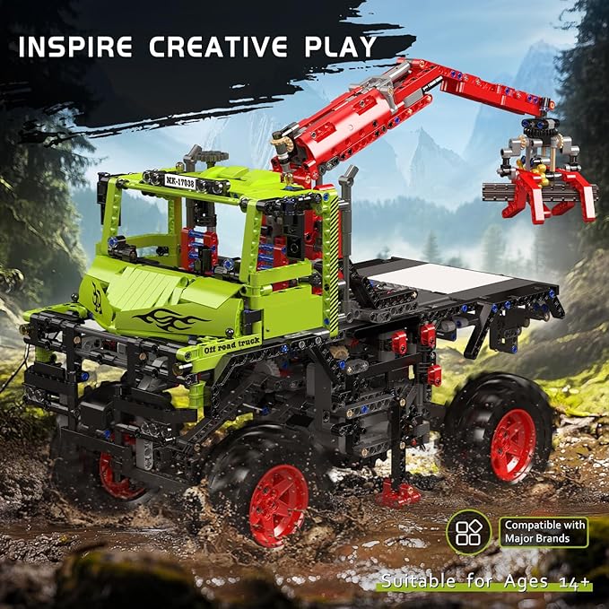 Mould King Offroad Crane Truck Building Blocks Set - Collectible ATV Car Model with Motor, STEM Engineering Toy with Heavy-Duty Tires & Articulating Boom, for Adults to Build (2002+)