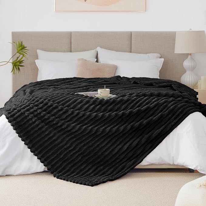 EXQ Home Fleece Blanket Queen Size for Couch or Bed - 3D Stripe Jacquard Decorative Blankets - Cozy Soft Lightweight Fuzzy Flannel Blanket Suitable for All Seasons(90"×90",Black)